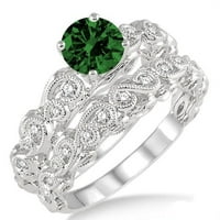 Art Deco zöld smaragd kerek vágott Moissanite gyémánt karátos végtelen antik menyasszonyi készlet 10k fehér arany