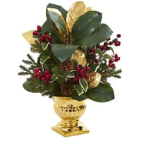 Szinte természetes 20? Magnolia Leaf & Holly Berry mesterséges elrendezés arany urna