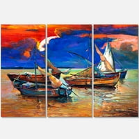 Designart „Horgászhajók kék ég alatt” Multipanel Seascape Metal Wall Art