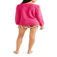 Női 2 darabos felső és rövidnadrág plüss applikáció pizsama készlet