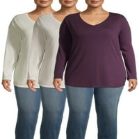 Terra & Sky Women's Plus Méret Hosszú ujjú Mindennapi alapvető V-nyakú póló, 2 csomag