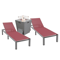 LeisureMod Marlin Modern szürke alumínium szabadtéri terasz Chaise Lounge szék készlet négyzet alakú Tűz Pit oldalsó