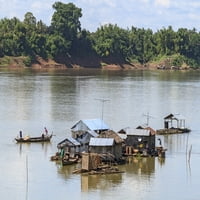 Koh Trong Sziget. Úszó vietnami halászfalu a Mekong folyón át Kratie, Kambodzsa poszternyomtatás Yvette Cardozo