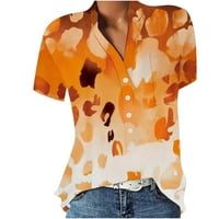 Női nyomtatott ingek nyári V nyakú Rövid ujjú Zsebgombok ingek alkalmi laza felsők blúzok Orange B XXL, US Méret:12