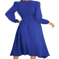 Haite Női legénység nyak Hosszú ujjú Midi ruhák szexi első Bowknot ruha őszi tunika egyszínű ruha Kék XL