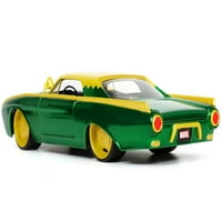 Ford Thunderbird zöld és sárga metál motorháztető grafika és Loki öntvény ábra Loki Marvel sorozat öntvény modell autó