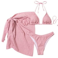 Cara Lady Női Split fürdőruha egyszínű szexi fürdőruha Mellkaspárnával nincs acél melltartó Bikini három készlet Rózsaszín