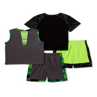 Atlétikai munkák kisfiú és kisgyermek fiú aktív rövid ujjú póló, tank felső és rövidnadrág-készlet, 4-darab, 12 m-5T
