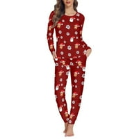 Xmas Snowflowers & Christmas Elk Nightwear női hálóruha Pamut, Kerek nyakú pizsama női szett Nadrág, hosszú ujjú Hálóruha