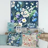 Designart 'Kék és fehér tavaszi virágok sötétkéken' hagyományos keretes vászon fali művészet nyomtatás