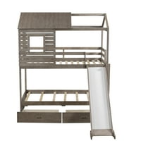 Aukfa alacsony emeletes ágy, faház emeletes ágykeret csúszdával és tároló fiókokkal, iker felett iker padló emeletes