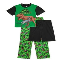 Jurassic World Boys 4- Exkluzív rövid ujjú felső, rövidnadrág és nadrág, 3 darabos pizsama készlet