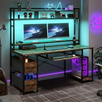 55 Gaming Desk számítógép asztal otthoni irodai asztal LED-es lámpákkal & konnektor&Hutch & fiókok & könyvespolc, fa,barna